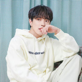 Kim Hongjoong dressed in a white hoodie.